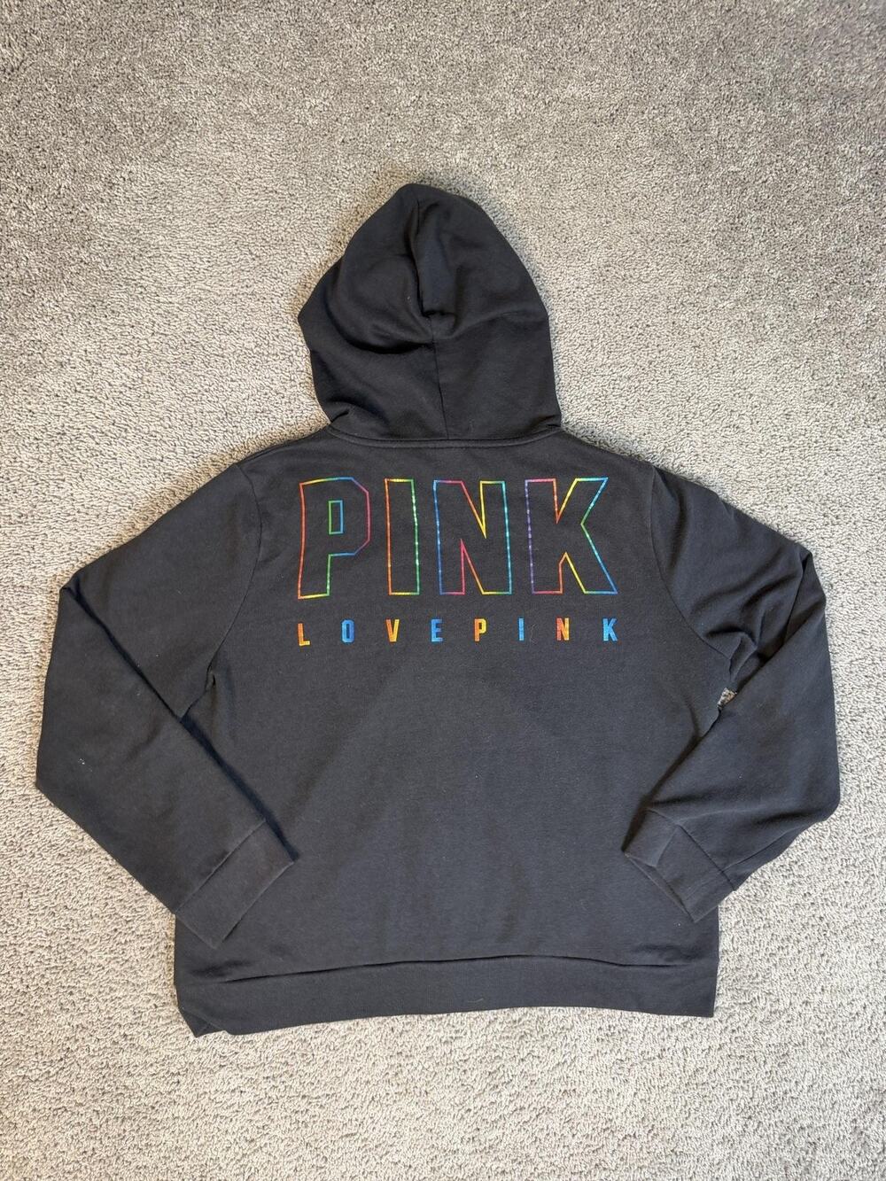 PINK Victoria's Secret Hoodie Womens XL Black Full Zip Hooded Lined Pockets